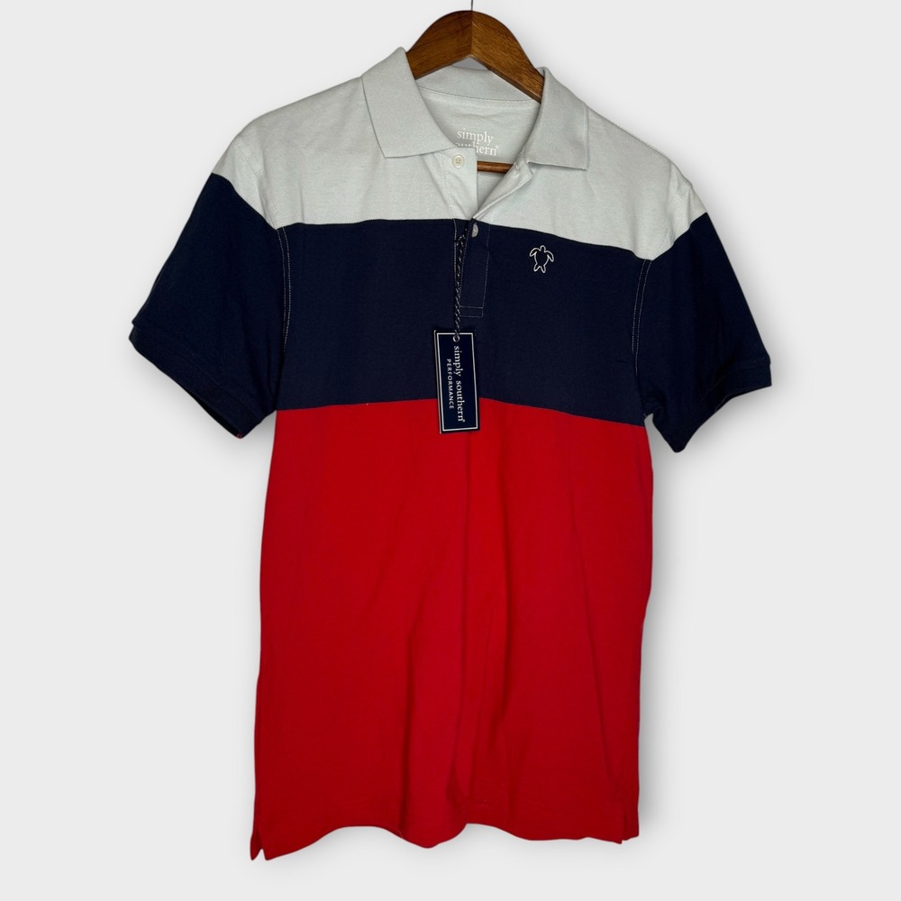 NWT Simply Southern Men's Red Blue Colorblock Polo NEW Turtle Logo Men's Small